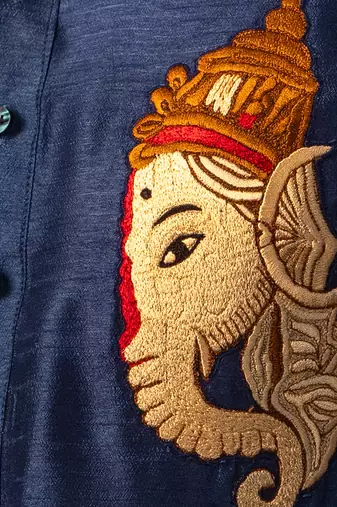 Navy blue embroidered raw silk kurta