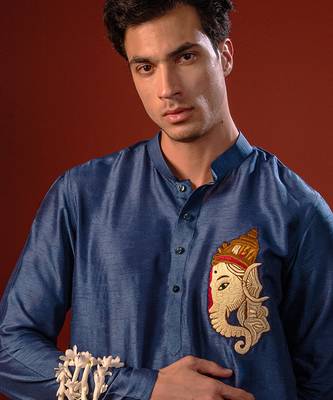Navy blue embroidered raw silk kurta 5