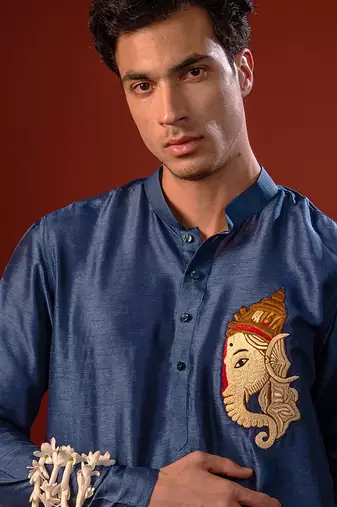 Navy blue embroidered raw silk kurta
