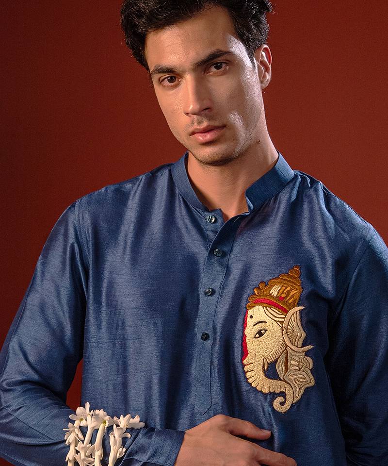 Navy blue embroidered raw silk kurta