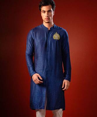 Navy blue embroidered raw silk kurta 1