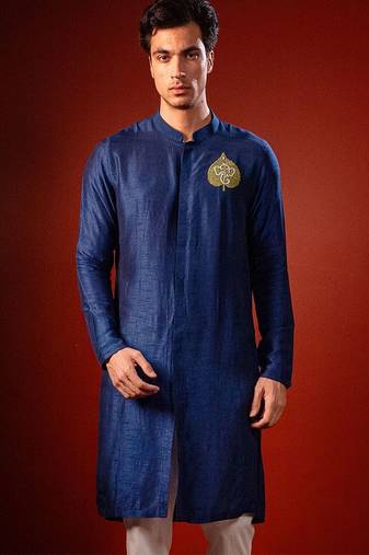 Navy blue embroidered raw silk kurta