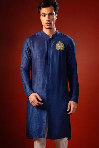 Navy blue embroidered raw silk kurta