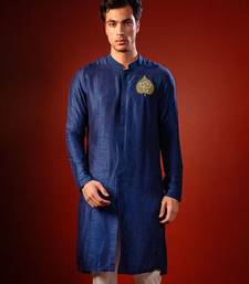 Navy blue embroidered raw silk kurta