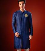Navy blue embroidered raw silk kurta