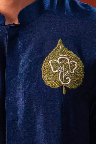 Navy blue embroidered raw silk kurta