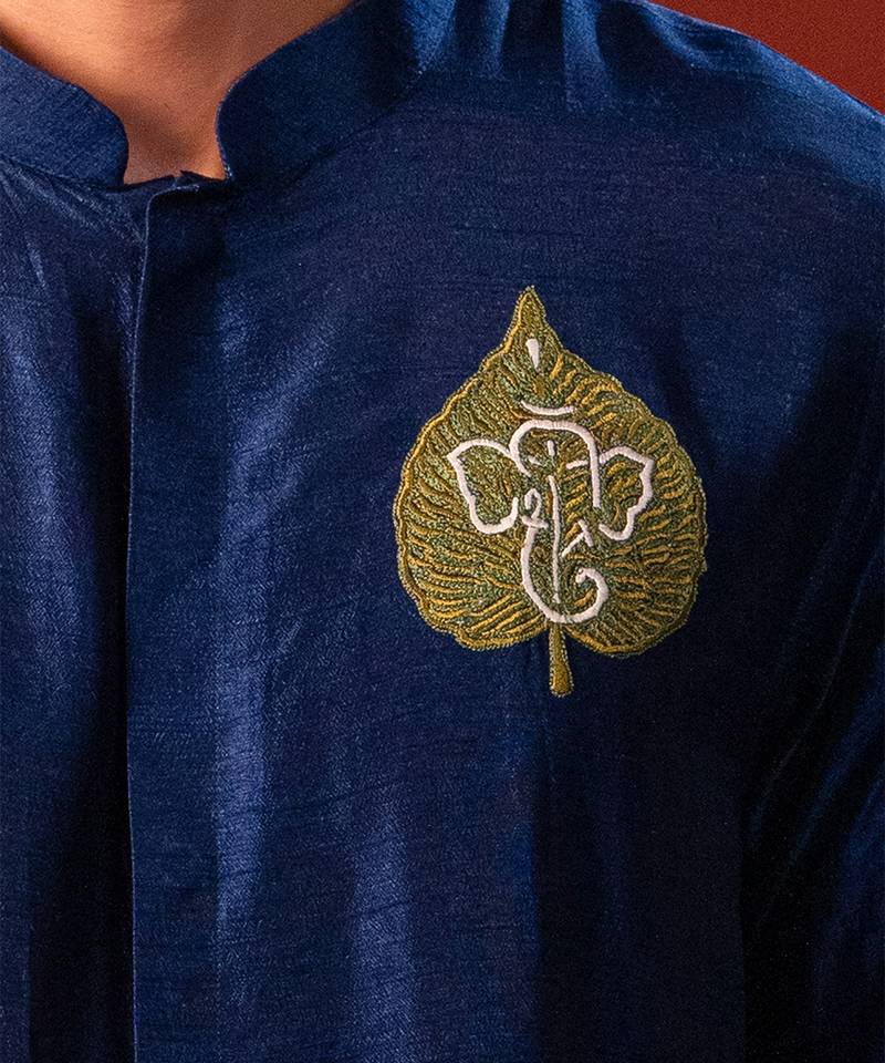 Navy blue embroidered raw silk kurta