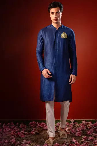 Navy blue embroidered raw silk kurta