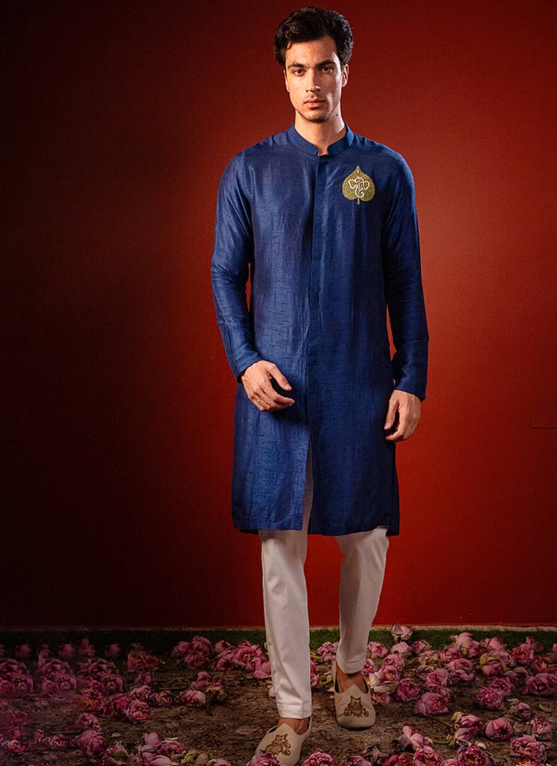 Navy blue embroidered raw silk kurta