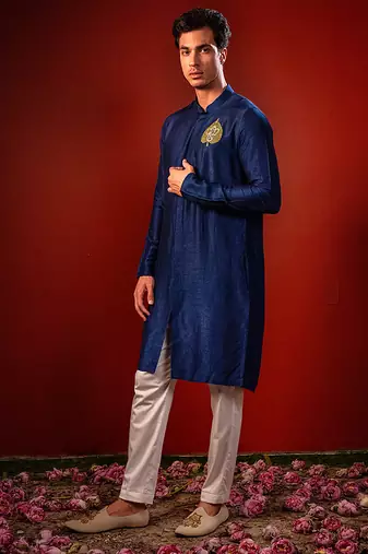 Navy blue embroidered raw silk kurta
