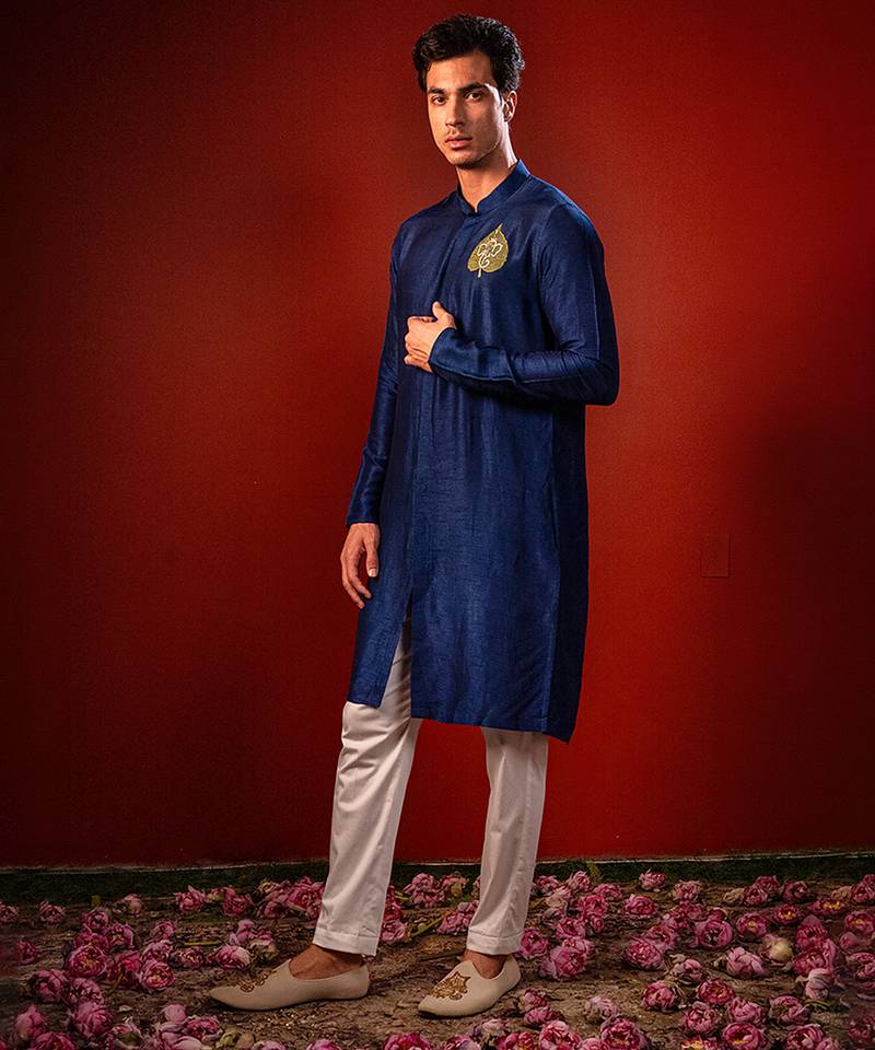 Navy blue embroidered raw silk kurta