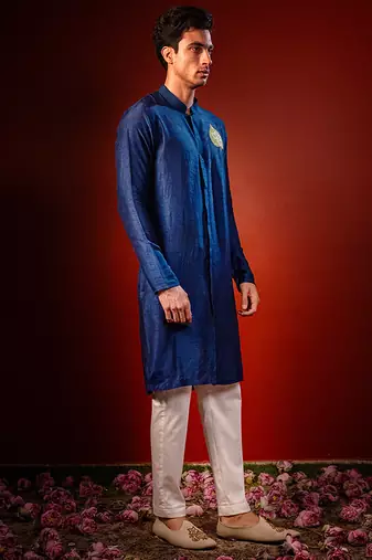 Navy blue embroidered raw silk kurta
