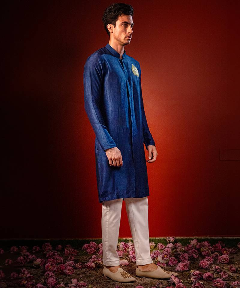 Navy blue embroidered raw silk kurta
