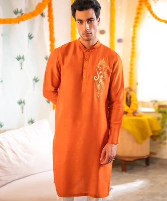 Red embroidered raw silk kurta 1