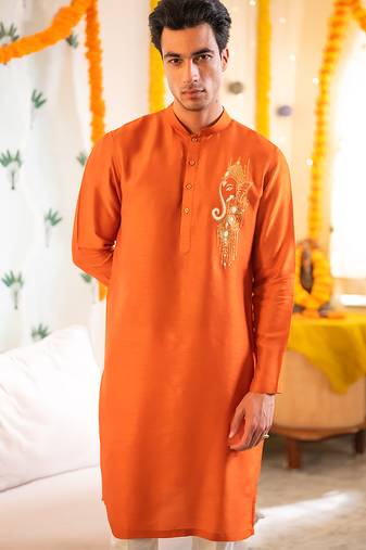Red embroidered raw silk kurta