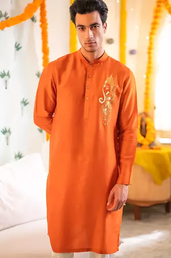 Red embroidered raw silk kurta