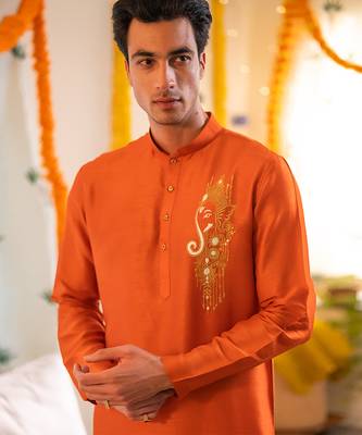 Red embroidered raw silk kurta 2