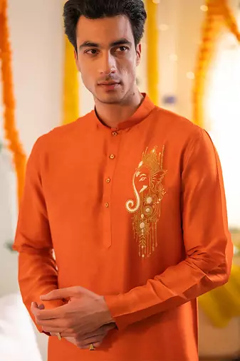 Red embroidered raw silk kurta