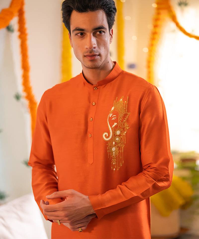 Red embroidered raw silk kurta