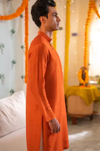 Red embroidered raw silk kurta