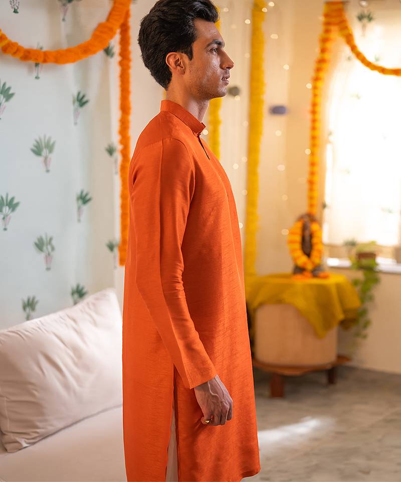 Red embroidered raw silk kurta