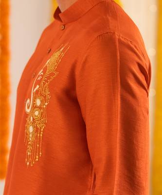 Red embroidered raw silk kurta 4