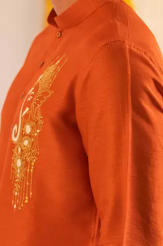 Red embroidered raw silk kurta