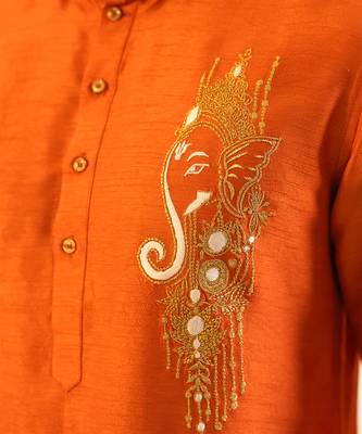 Red embroidered raw silk kurta 5