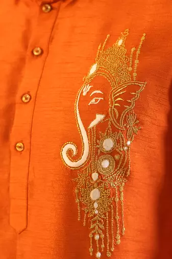Red embroidered raw silk kurta