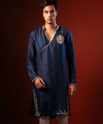 Navy blue embroidered raw silk kurta 1