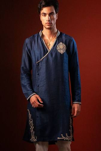 Navy blue embroidered raw silk kurta