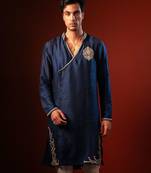 Navy blue embroidered raw silk kurta
