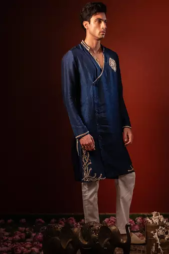 Navy blue embroidered raw silk kurta