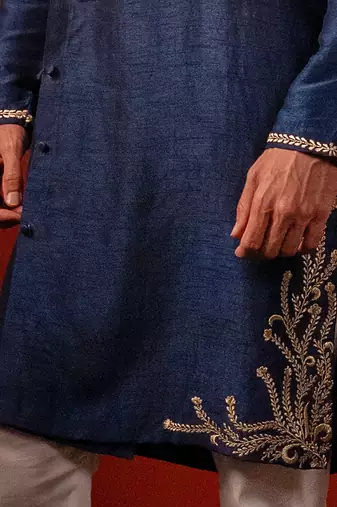 Navy blue embroidered raw silk kurta