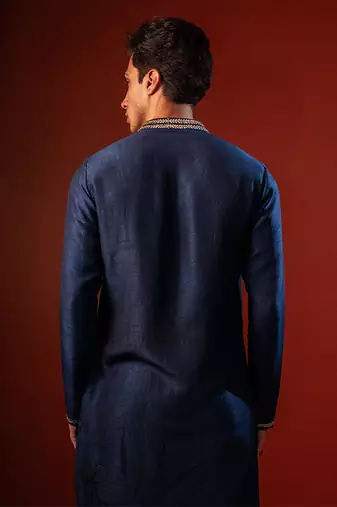 Navy blue embroidered raw silk kurta