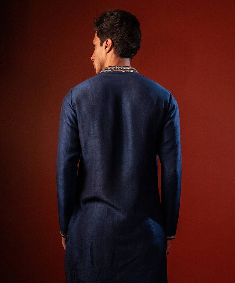 Navy blue embroidered raw silk kurta