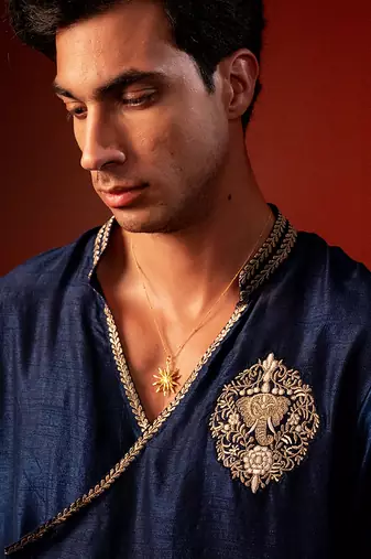 Navy blue embroidered raw silk kurta
