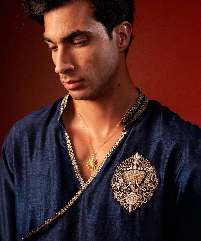 Navy blue embroidered raw silk kurta