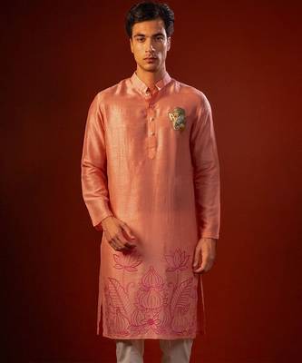 Red embroidered raw silk kurta 1