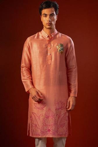Red embroidered raw silk kurta