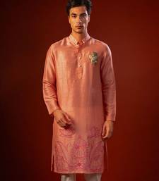 Red embroidered raw silk kurta