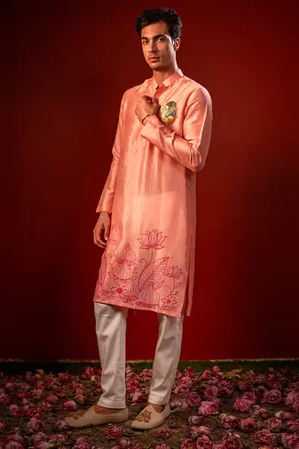 Red embroidered raw silk kurta