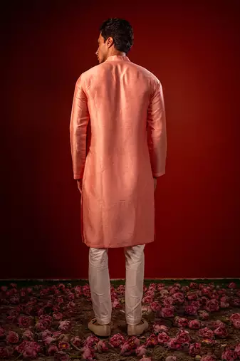 Red embroidered raw silk kurta