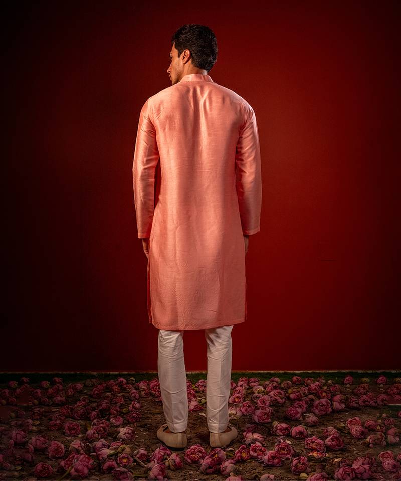 Red embroidered raw silk kurta