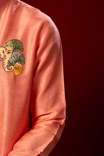 Red embroidered raw silk kurta