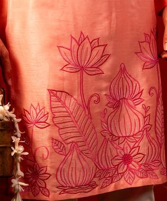 Red embroidered raw silk kurta 5