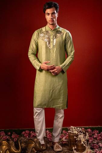 Green embroidered raw silk kurta