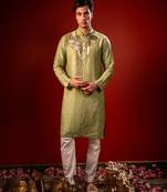 Green embroidered raw silk kurta