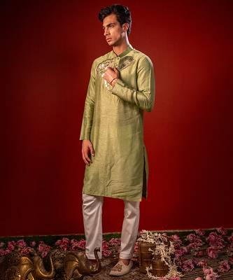 Green embroidered raw silk kurta 2