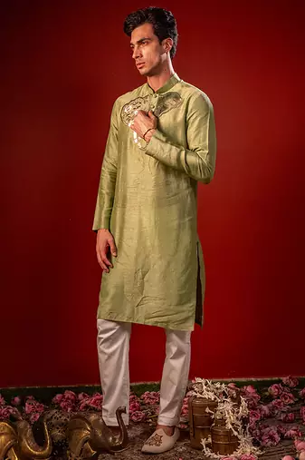 Green embroidered raw silk kurta